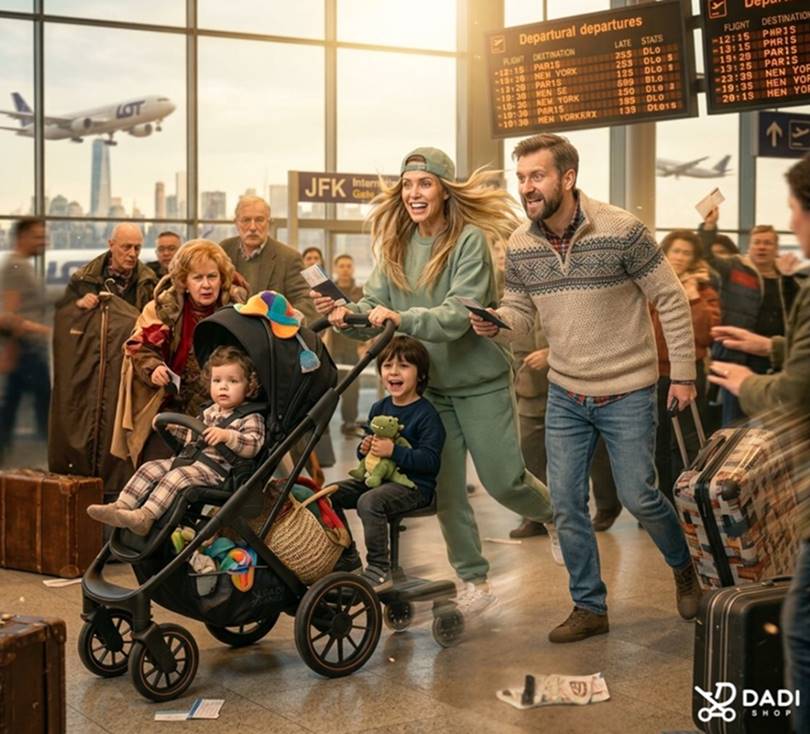 Rodzina w pośpiechu biegnie przez terminal lotniska z wózkiem spacerowym i dostawką dla rodzeństwa- dadi-shop